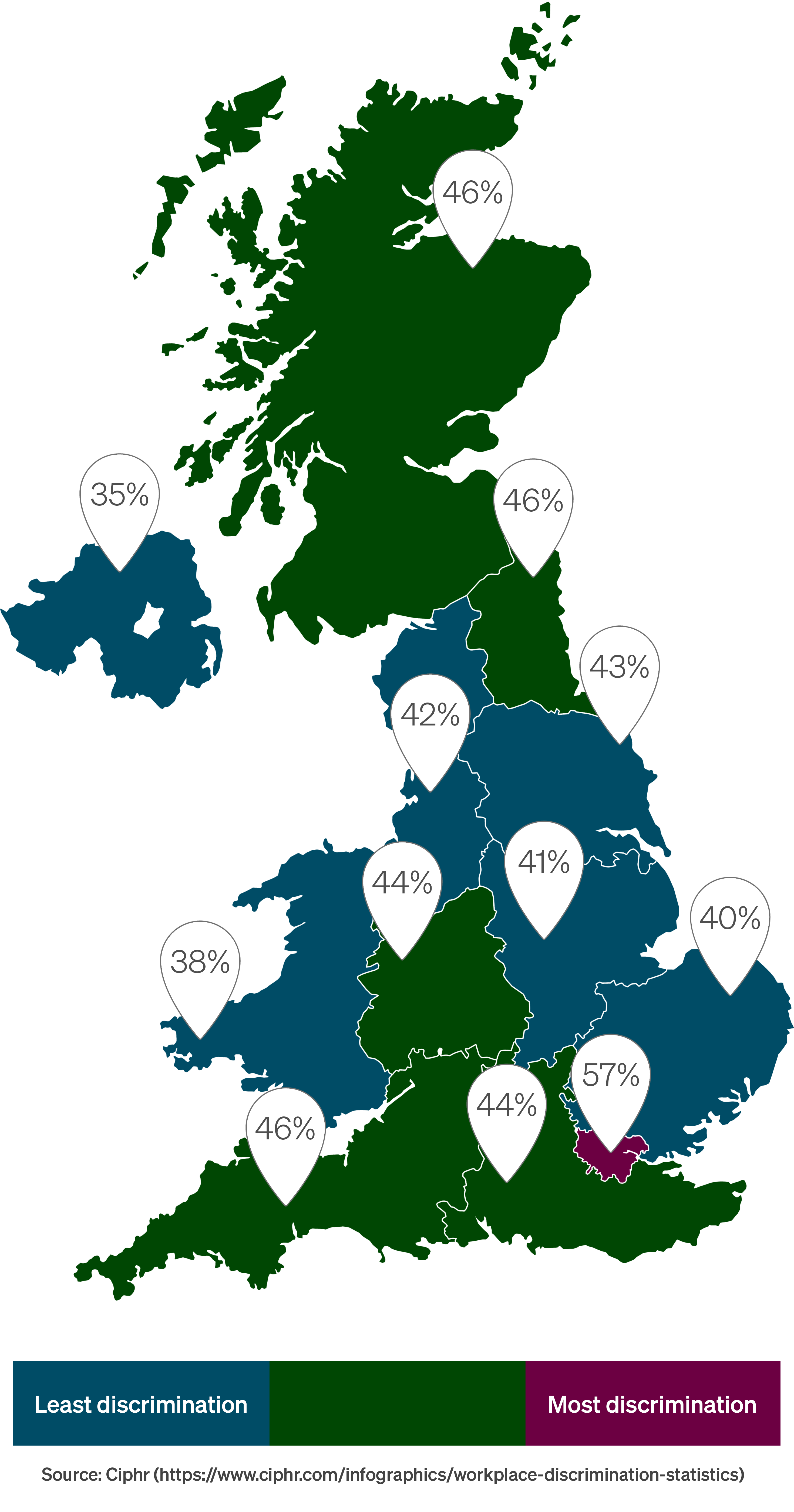 Map showing how people's experience of workplace discrimination differs across the UK
